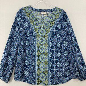 Belle Kim Gravel Top size 1X Blue Floral Abstract V neck Long Sleeve Preppy